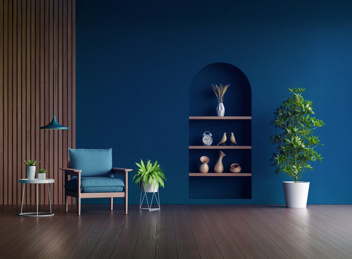 Blue interior room with chair and plants